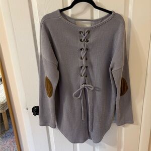 Gray She & Sky Lace-Up Sweater with Brown Elbow Patches